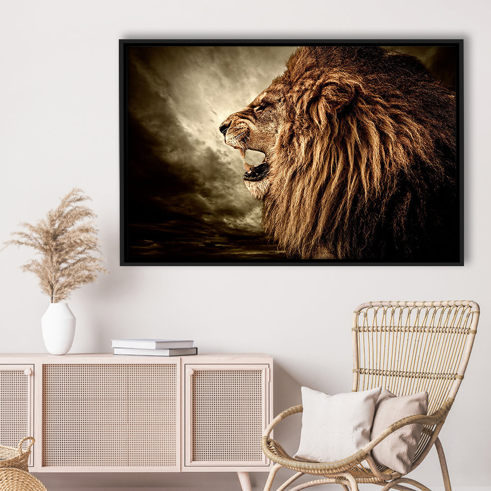 Roaring Lion Against Stormy Sky Art Lion Art, Lion Wall Decoration, Framed Cavas Print, Floating Frame