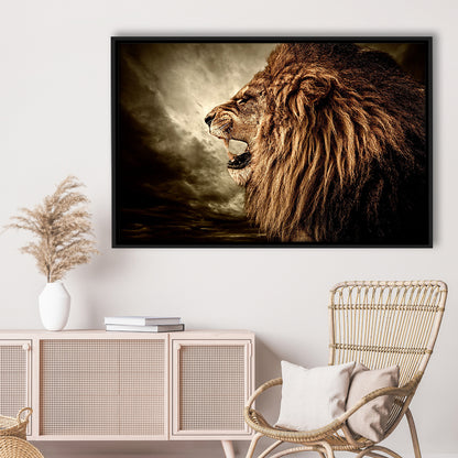 Roaring Lion Against Stormy Sky Art Lion Art, Lion Wall Decoration, Framed Cavas Print, Floating Frame