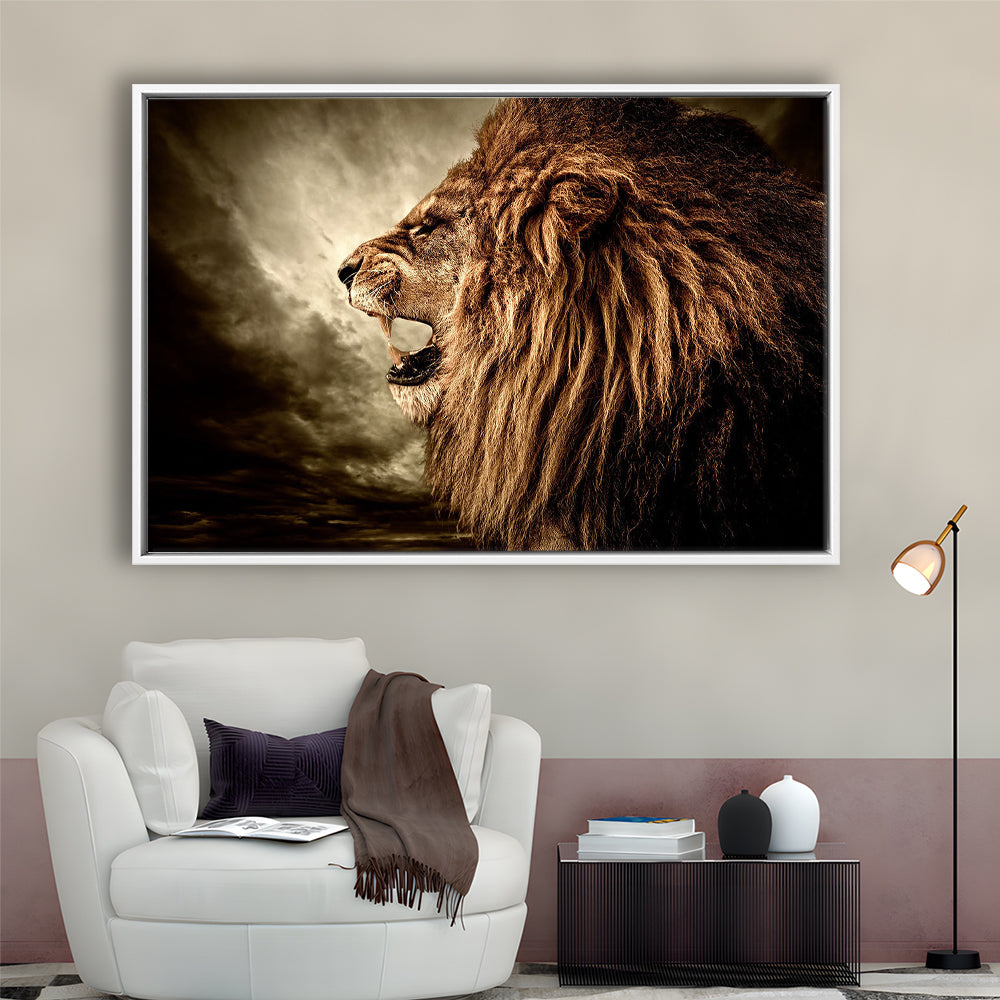 Roaring Lion Against Stormy Sky Art Lion Art, Lion Wall Decoration, Framed Cavas Print, Floating Frame