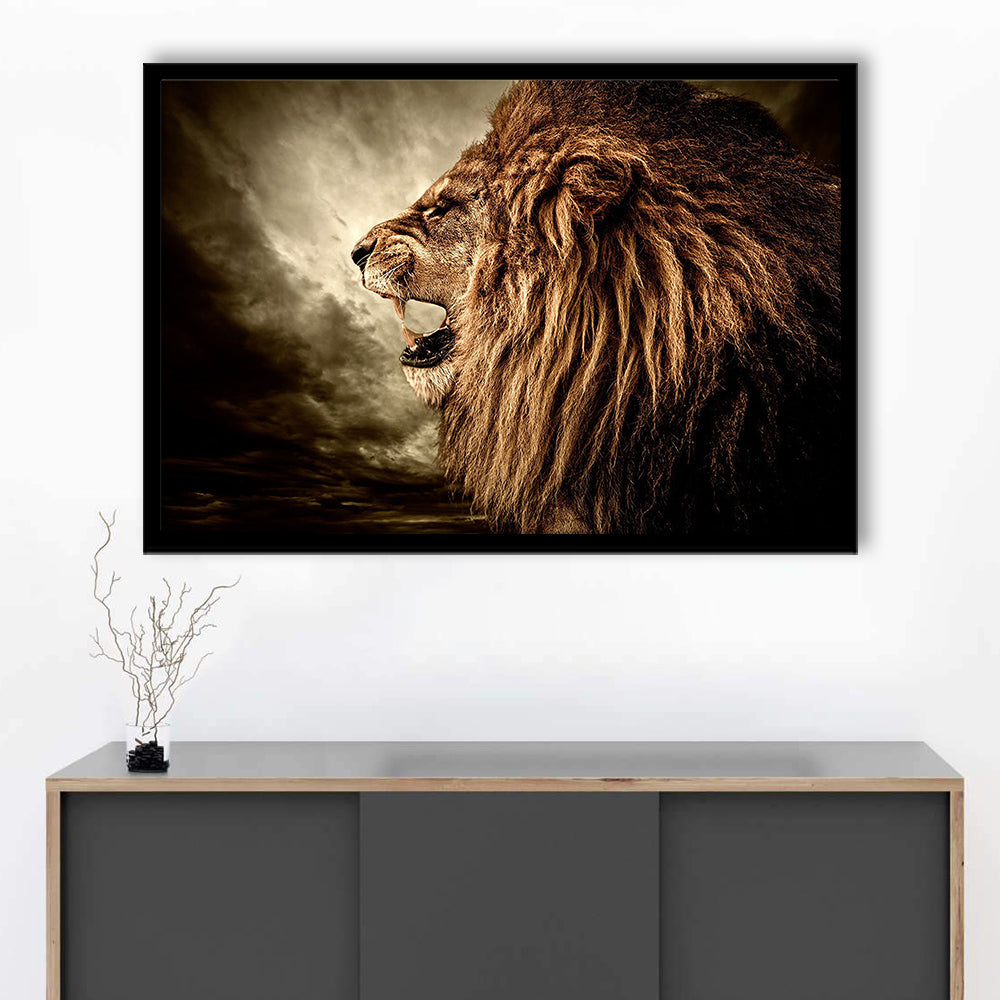 Roaring Lion Against Stormy Sky Art Lion Art, Lion Wall Decoration, Lion Art Wall Art, Framed Art Print, Picture Framed