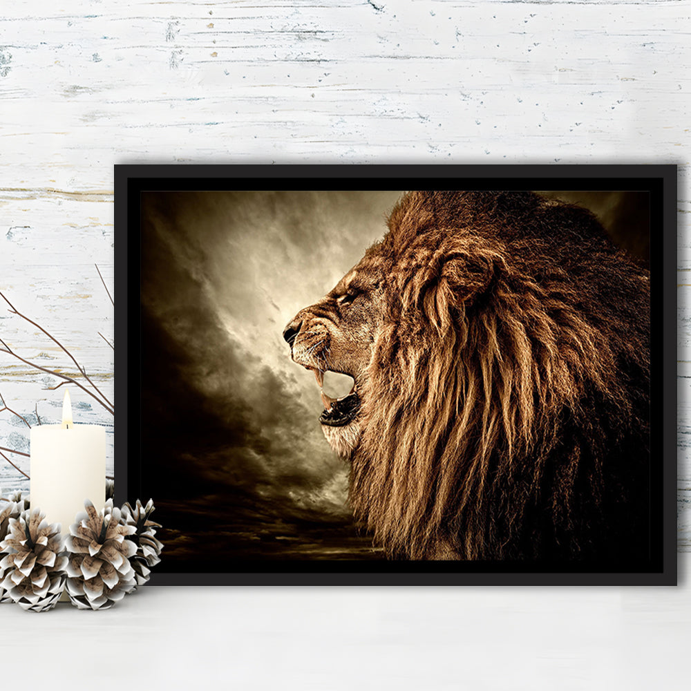 Roaring Lion Against Stormy Sky Art Lion Art, Lion Wall Decoration, Framed Cavas Print, Floating Frame