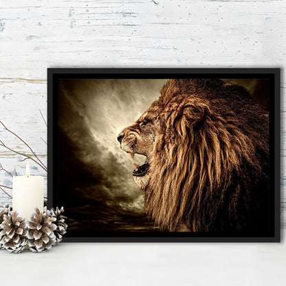 Roaring Lion Against Stormy Sky Art Lion Art, Lion Wall Decoration, Framed Cavas Print, Floating Frame