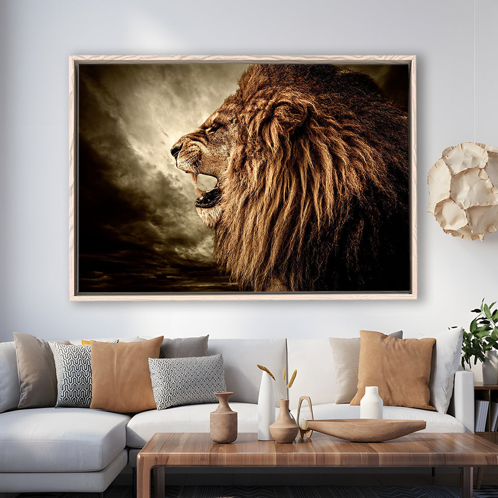 Roaring Lion Against Stormy Sky Art Lion Art, Lion Wall Decoration, Framed Cavas Print, Floating Frame