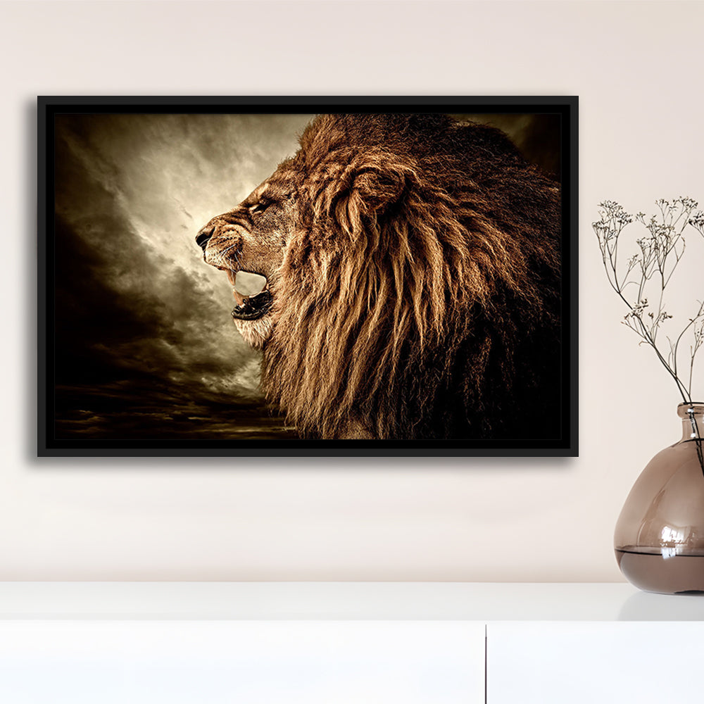 Roaring Lion Against Stormy Sky Art Lion Art, Lion Wall Decoration, Framed Cavas Print, Floating Frame