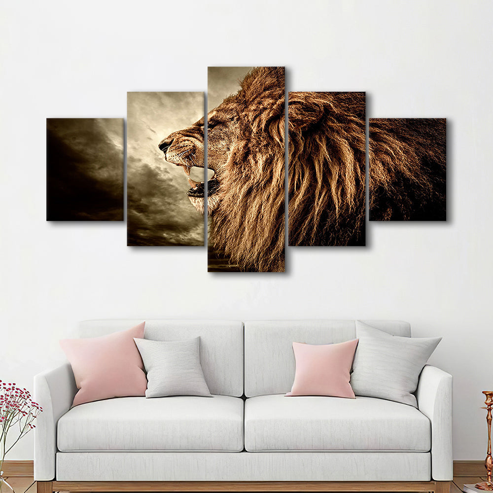Roaring Lion Against Stormy Sky Art Lion Art, Lion Wall Decoration, Lion Wall Art, 5 Piece Large Cavas Print Wall Art