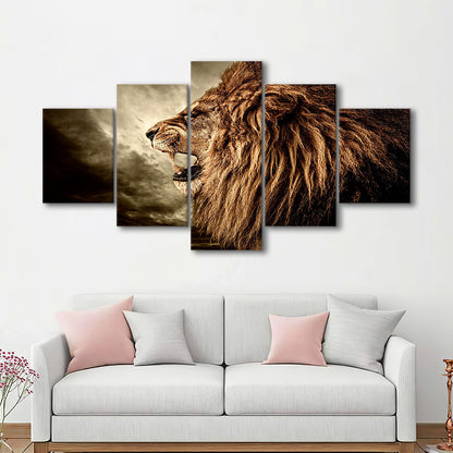 Roaring Lion Against Stormy Sky Art Lion Art, Lion Wall Decoration, Lion Wall Art, 5 Piece Large Cavas Print Wall Art