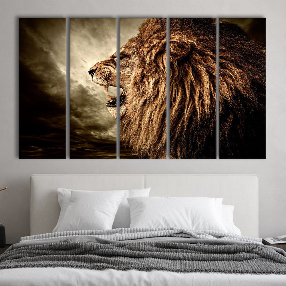Roaring Lion Against Stormy Sky Art Lion Art,, Lion Canvas Wall Art, 5 Piece B Extra Large Cavas Print Wall Art Decor