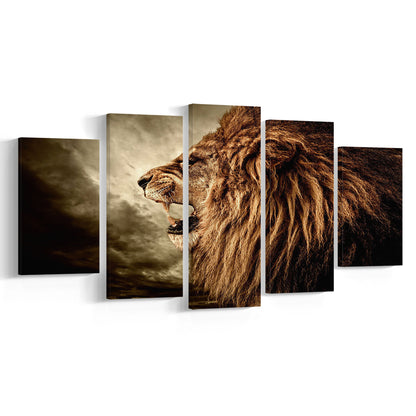 Roaring Lion Against Stormy Sky Art Lion Art, Lion Wall Decoration, Lion Wall Art, 5 Piece Large Cavas Print Wall Art