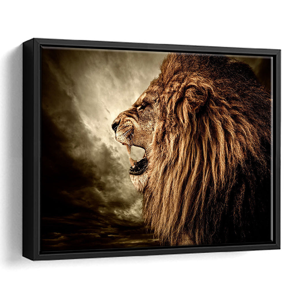 Roaring Lion Against Stormy Sky Art Lion Art, Lion Wall Decoration, Framed Cavas Print, Floating Frame