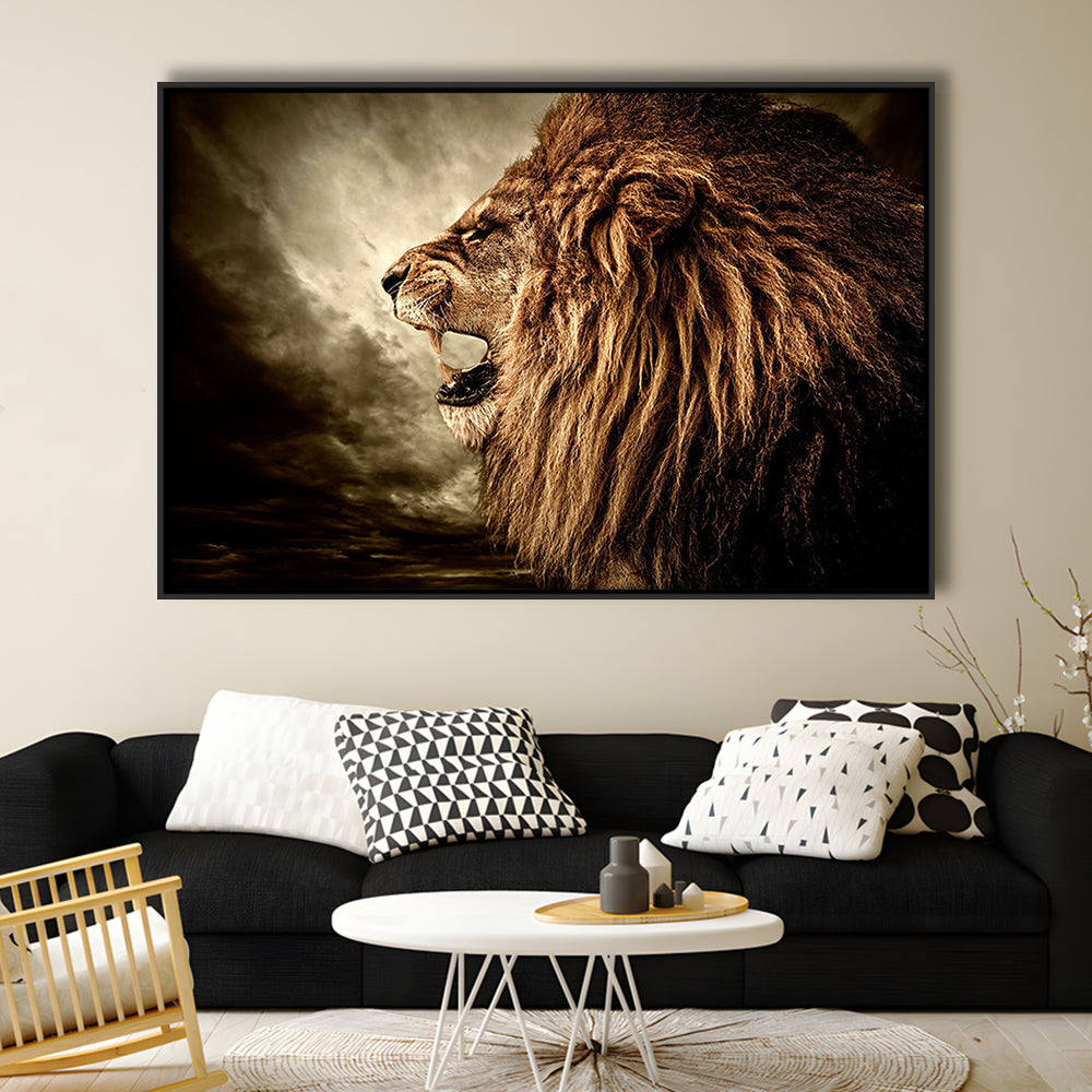 Roaring Lion Against Stormy Sky Art Lion Art, Lion Wall Decoration, Framed Cavas Print, Floating Frame