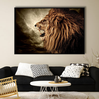 Roaring Lion Against Stormy Sky Art Lion Art, Lion Wall Decoration, Framed Cavas Print, Floating Frame