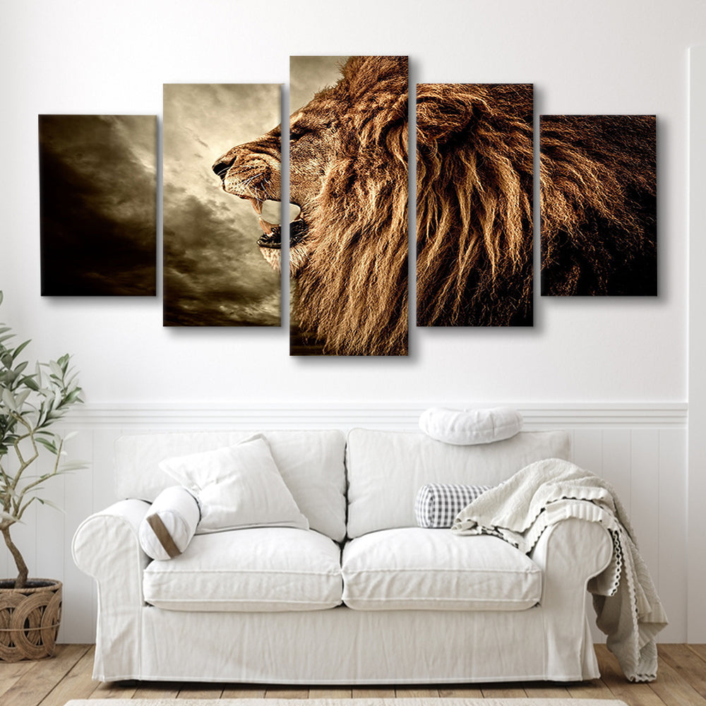 Roaring Lion Against Stormy Sky Art Lion Art, Lion Wall Decoration, Lion Wall Art, 5 Piece Large Cavas Print Wall Art
