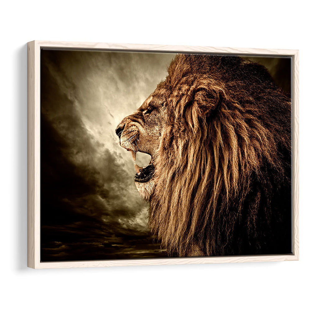 Roaring Lion Against Stormy Sky Art Lion Art, Lion Wall Decoration, Framed Cavas Print, Floating Frame