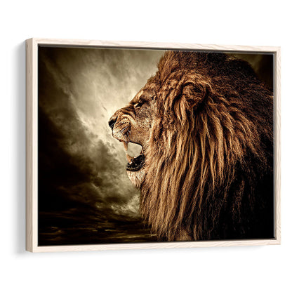 Roaring Lion Against Stormy Sky Art Lion Art, Lion Wall Decoration, Framed Cavas Print, Floating Frame