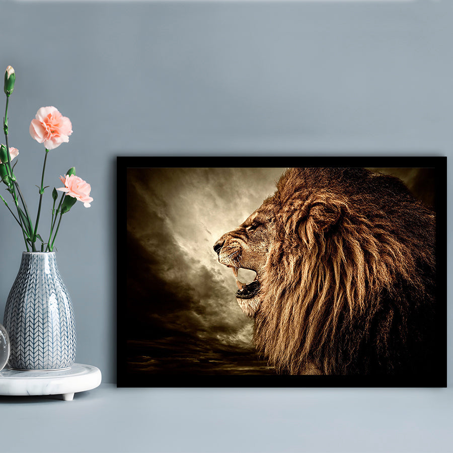 Roaring Lion Against Stormy Sky Art Lion Art, Lion Wall Decoration, Lion Art Wall Art, Framed Art Print, Picture Framed