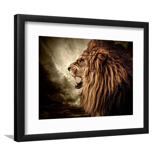 Roaring Lion Against Stormy Sky Art Lion Art, Lion Wall Decoration, Lion Wall Art, Framed Art Print White Border