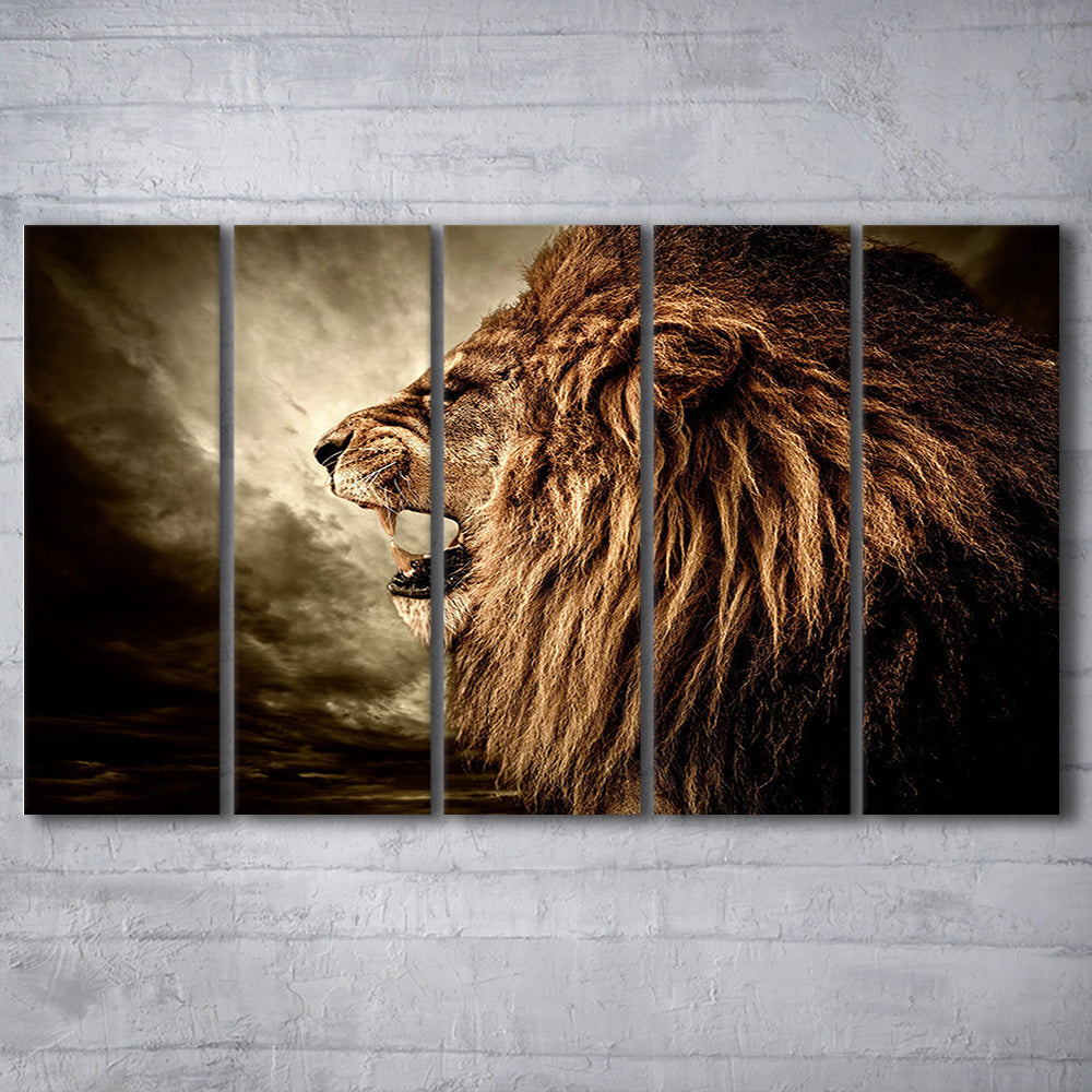 Roaring Lion Against Stormy Sky Art Lion Art,, Lion Canvas Wall Art, 5 Piece B Extra Large Cavas Print Wall Art Decor