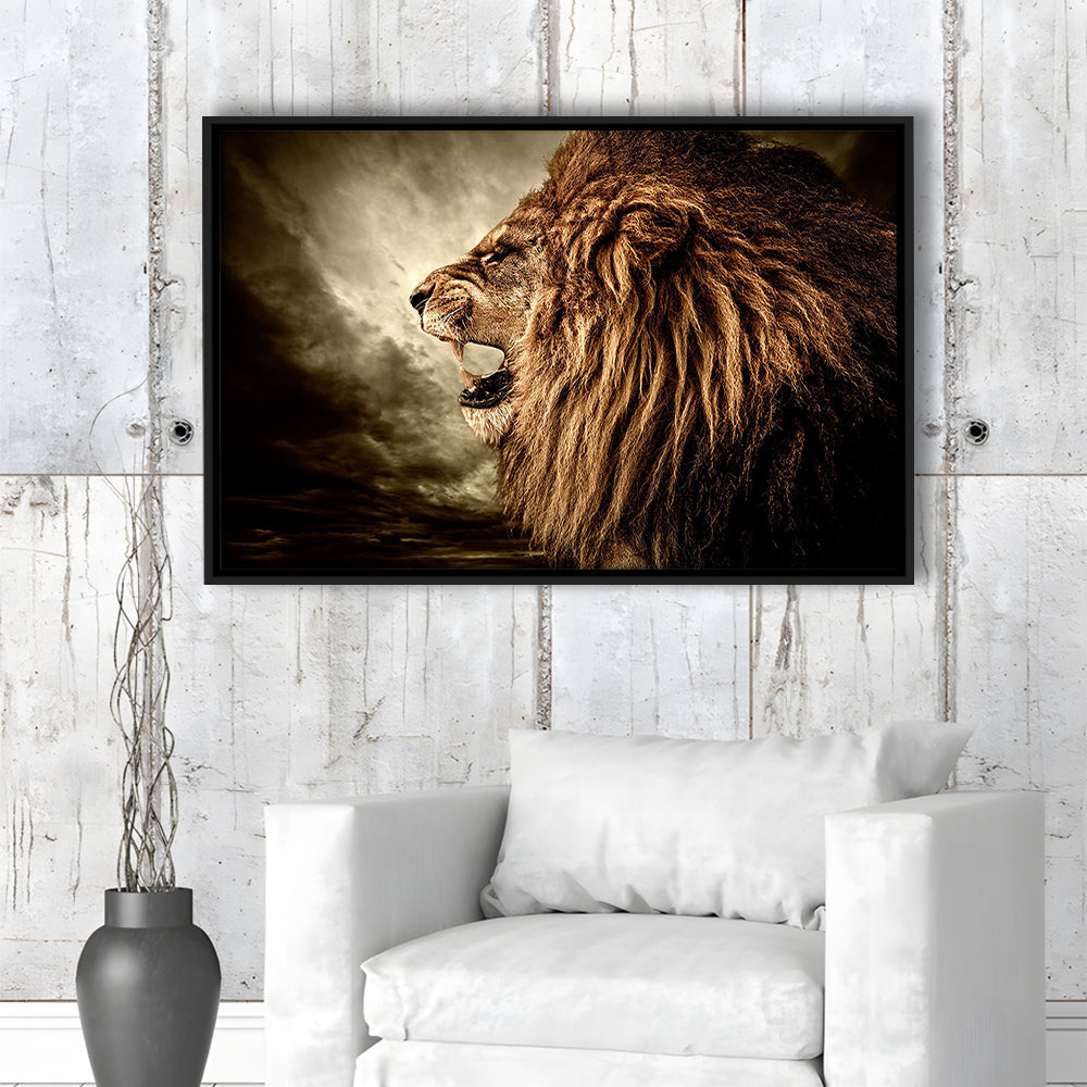Roaring Lion Against Stormy Sky Art Lion Art, Lion Wall Decoration, Framed Cavas Print, Floating Frame