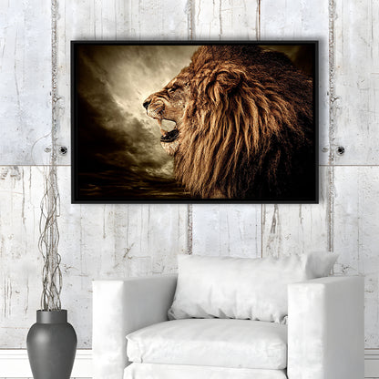Roaring Lion Against Stormy Sky Art Lion Art, Lion Wall Decoration, Framed Cavas Print, Floating Frame