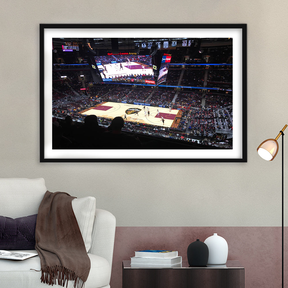 Rockets Mortgage Cavalier, Stadium Canvas, Sport Art, Gift for him, White Border Framed Art Print Wall Decor