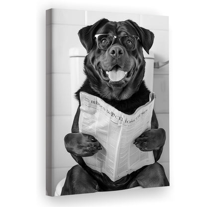Rottweiler Sitting On Toilet Canvas Print Wall Art, Dog Reading Newspaper, Black and White, Bathroom Wall Decor