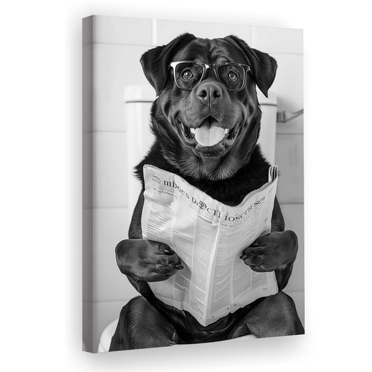 Rottweiler Sitting On Toilet Canvas Print Wall Art, Dog Reading Newspaper, Black and White, Bathroom Wall Decor