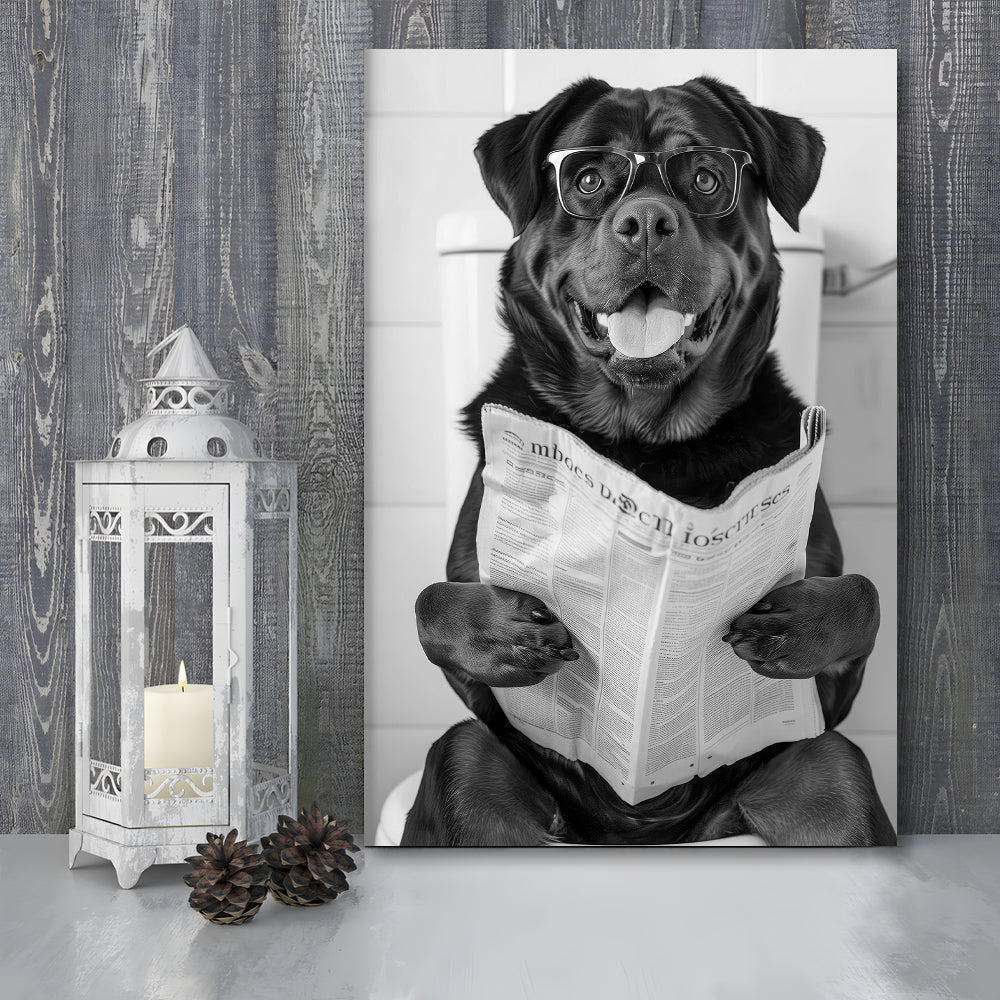 Rottweiler Sitting On Toilet Canvas Print Wall Art, Dog Reading Newspaper, Black and White, Bathroom Wall Decor