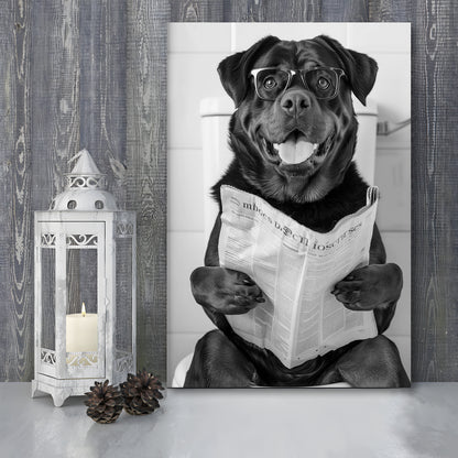 Rottweiler Sitting On Toilet Canvas Print Wall Art, Dog Reading Newspaper, Black and White, Bathroom Wall Decor