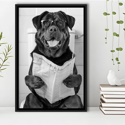 Rottweiler Sitting On Toilet Framed Canvas Print Wall Art, Dog Reading Newspaper, Black and White, Bathroom Wall Decor
