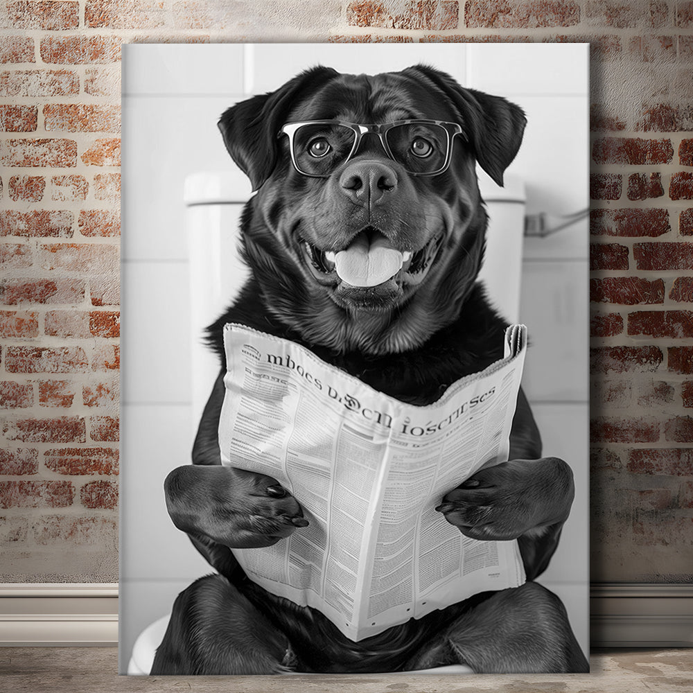 Rottweiler Sitting On Toilet Canvas Print Wall Art, Dog Reading Newspaper, Black and White, Bathroom Wall Decor