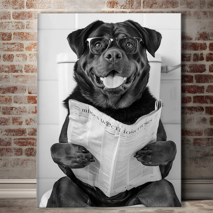 Rottweiler Sitting On Toilet Canvas Print Wall Art, Dog Reading Newspaper, Black and White, Bathroom Wall Decor