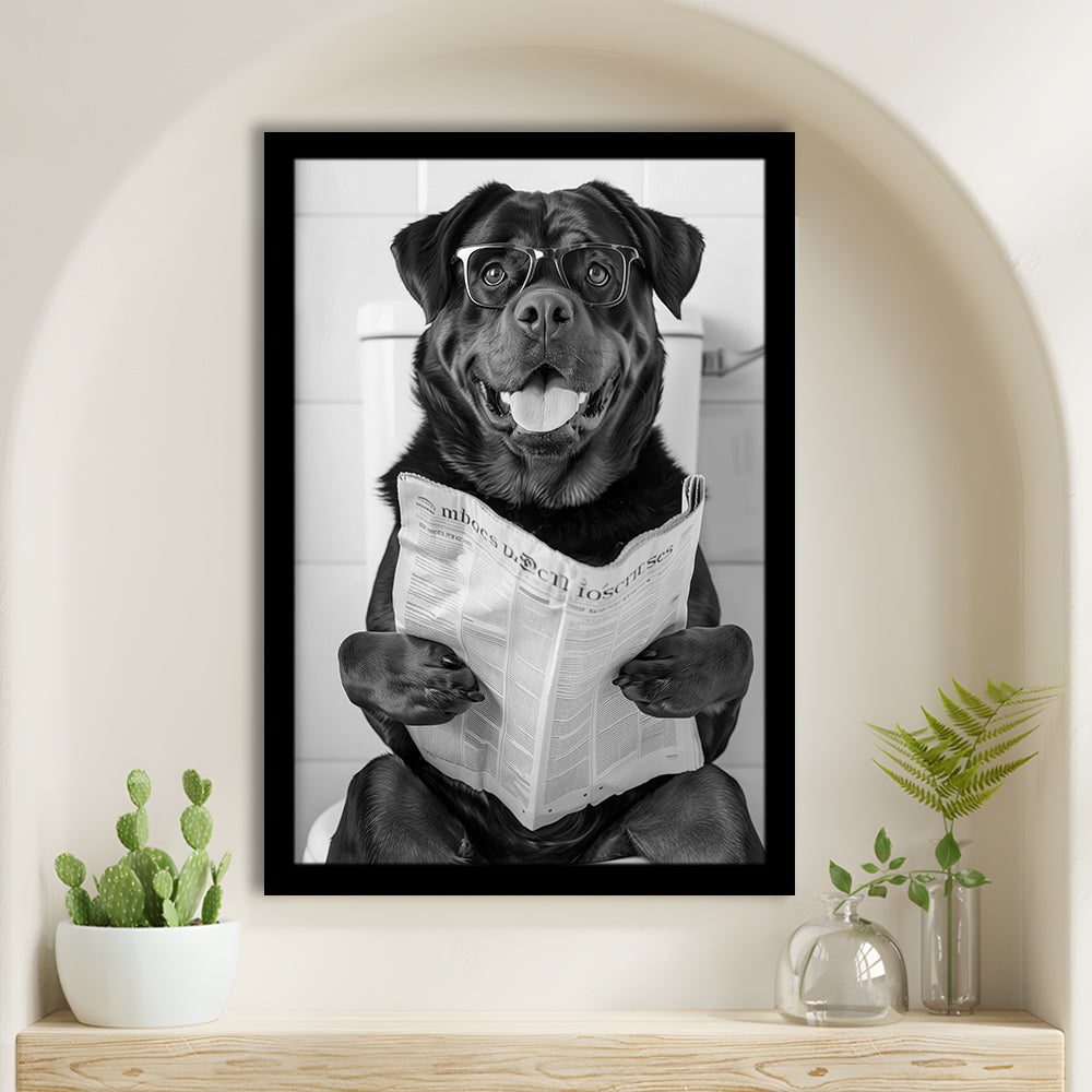 Rottweiler Sitting On Toilet Framed Art Print Wall Decor, Dog Reading Newspaper, Black and White, Bathroom Wall Decor