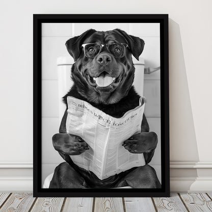 Rottweiler Sitting On Toilet Framed Canvas Print Wall Art, Dog Reading Newspaper, Black and White, Bathroom Wall Decor