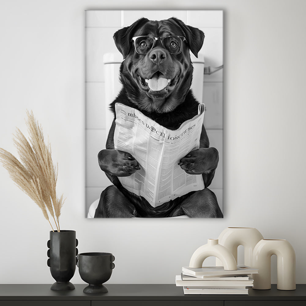 Rottweiler Sitting On Toilet Canvas Print Wall Art, Dog Reading Newspaper, Black and White, Bathroom Wall Decor