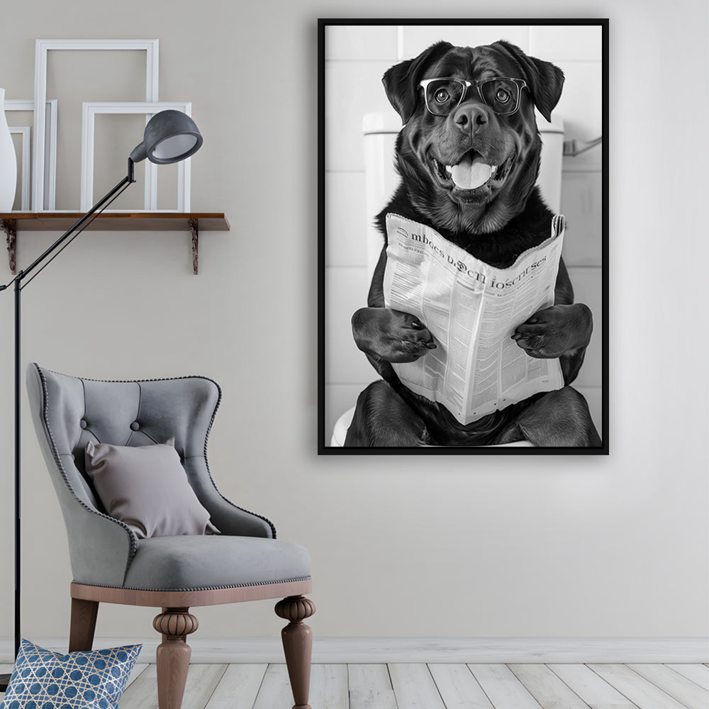 Rottweiler Sitting On Toilet Framed Canvas Print Wall Art, Dog Reading Newspaper, Black and White, Bathroom Wall Decor