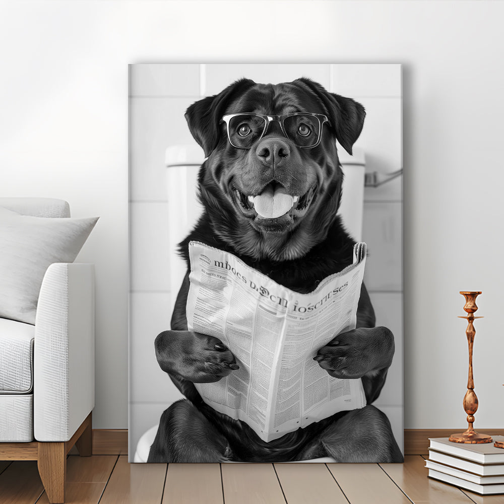 Rottweiler Sitting On Toilet Canvas Print Wall Art, Dog Reading Newspaper, Black and White, Bathroom Wall Decor