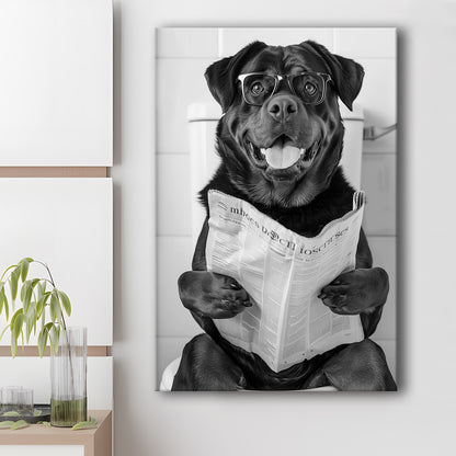 Rottweiler Sitting On Toilet Canvas Print Wall Art, Dog Reading Newspaper, Black and White, Bathroom Wall Decor
