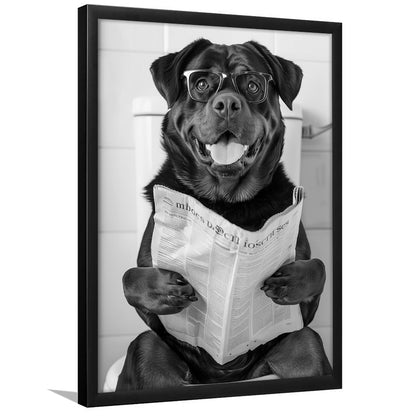 Rottweiler Sitting On Toilet Framed Art Print Wall Decor, Dog Reading Newspaper, Black and White, Bathroom Wall Decor
