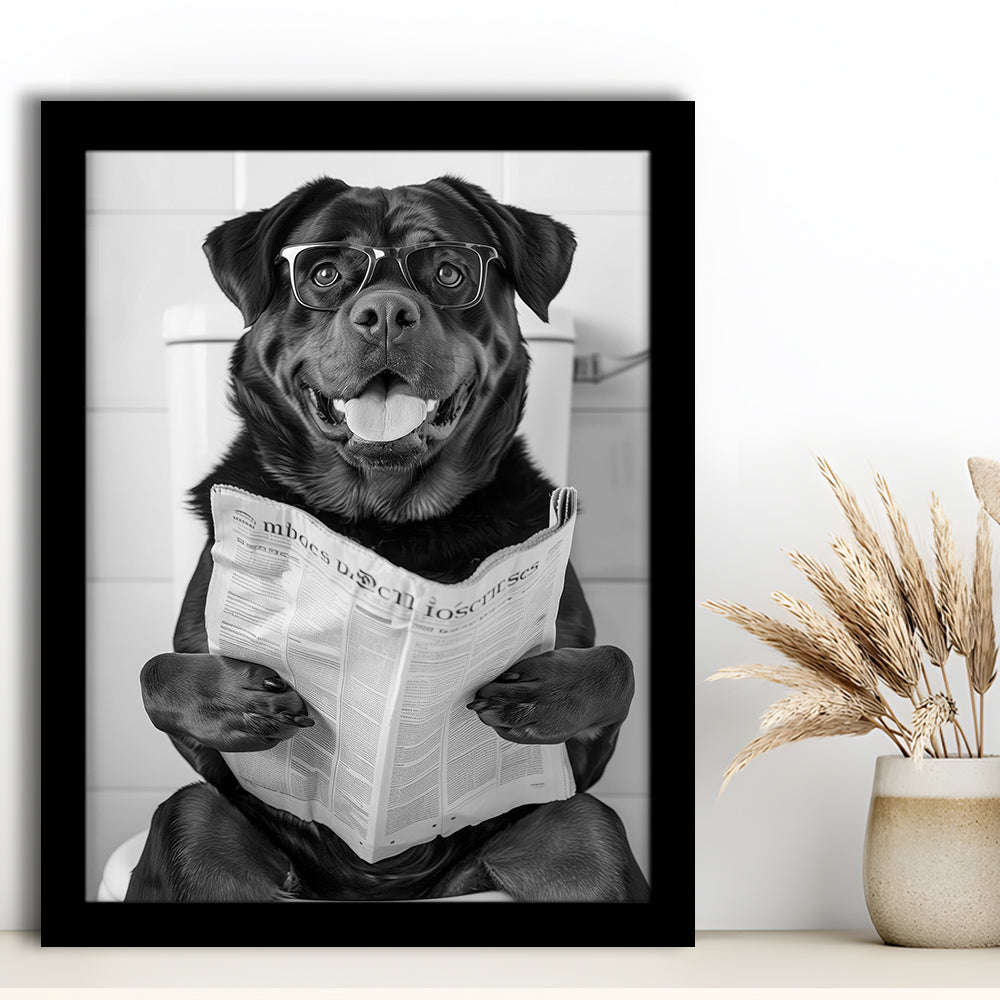 Rottweiler Sitting On Toilet Framed Art Print Wall Decor, Dog Reading Newspaper, Black and White, Bathroom Wall Decor