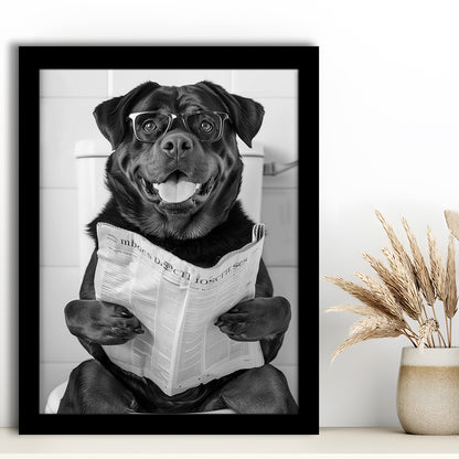 Rottweiler Sitting On Toilet Framed Art Print Wall Decor, Dog Reading Newspaper, Black and White, Bathroom Wall Decor