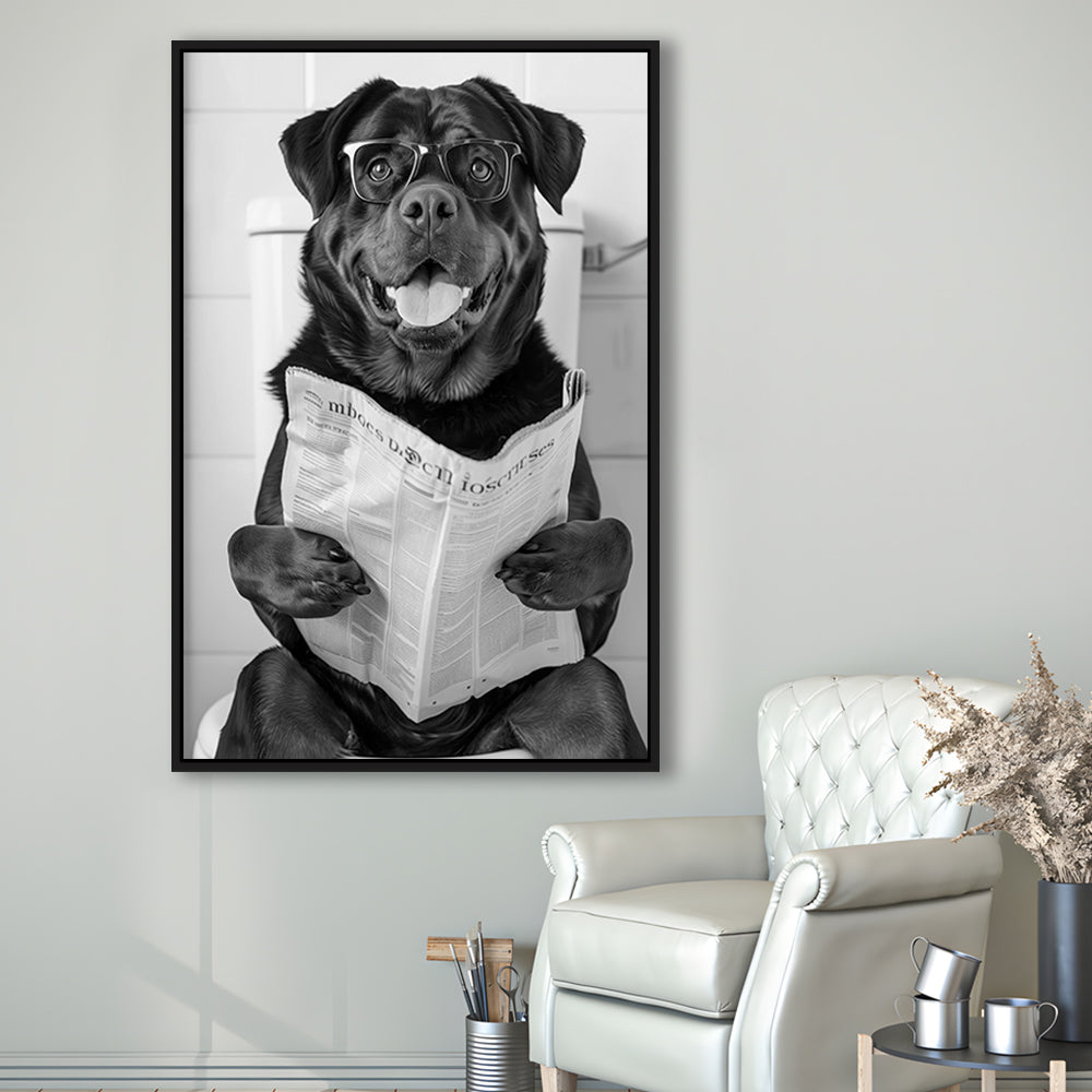 Rottweiler Sitting On Toilet Framed Canvas Print Wall Art, Dog Reading Newspaper, Black and White, Bathroom Wall Decor