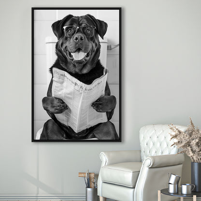 Rottweiler Sitting On Toilet Framed Canvas Print Wall Art, Dog Reading Newspaper, Black and White, Bathroom Wall Decor