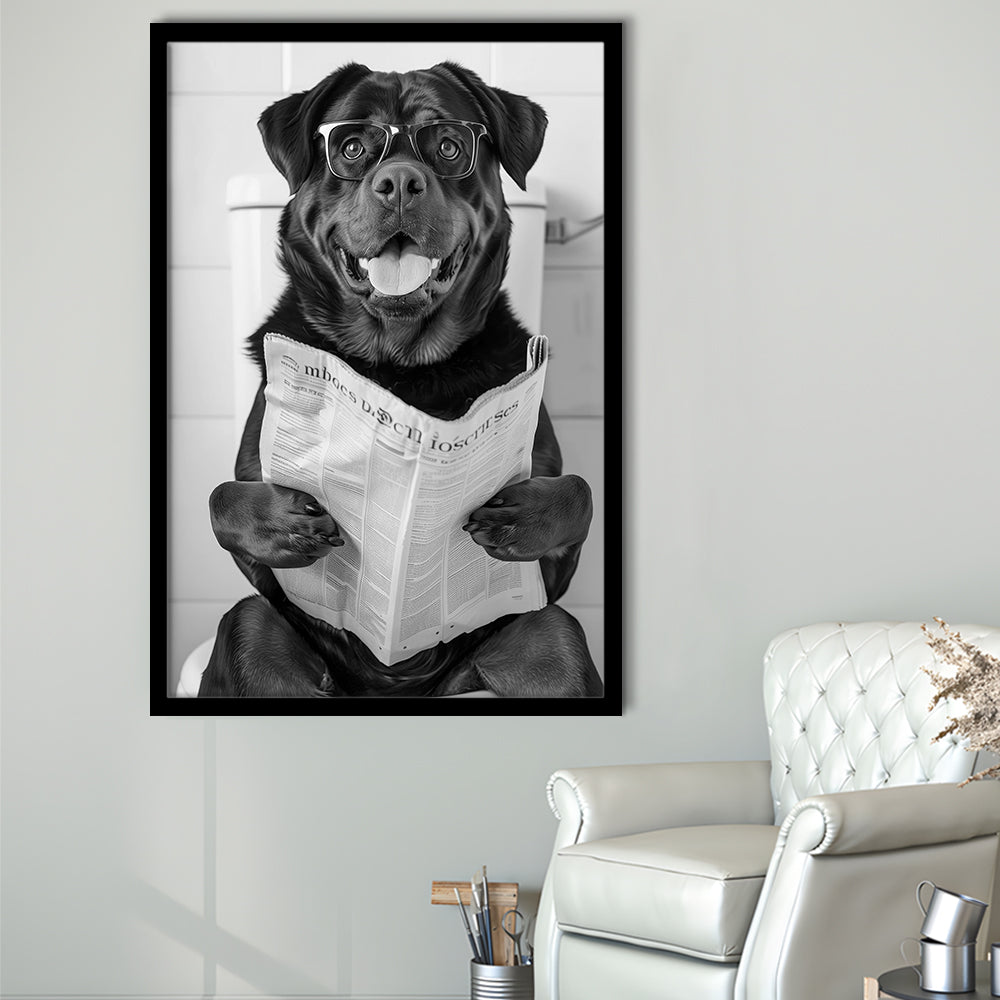 Rottweiler Sitting On Toilet Framed Art Print Wall Decor, Dog Reading Newspaper, Black and White, Bathroom Wall Decor