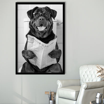 Rottweiler Sitting On Toilet Framed Art Print Wall Decor, Dog Reading Newspaper, Black and White, Bathroom Wall Decor