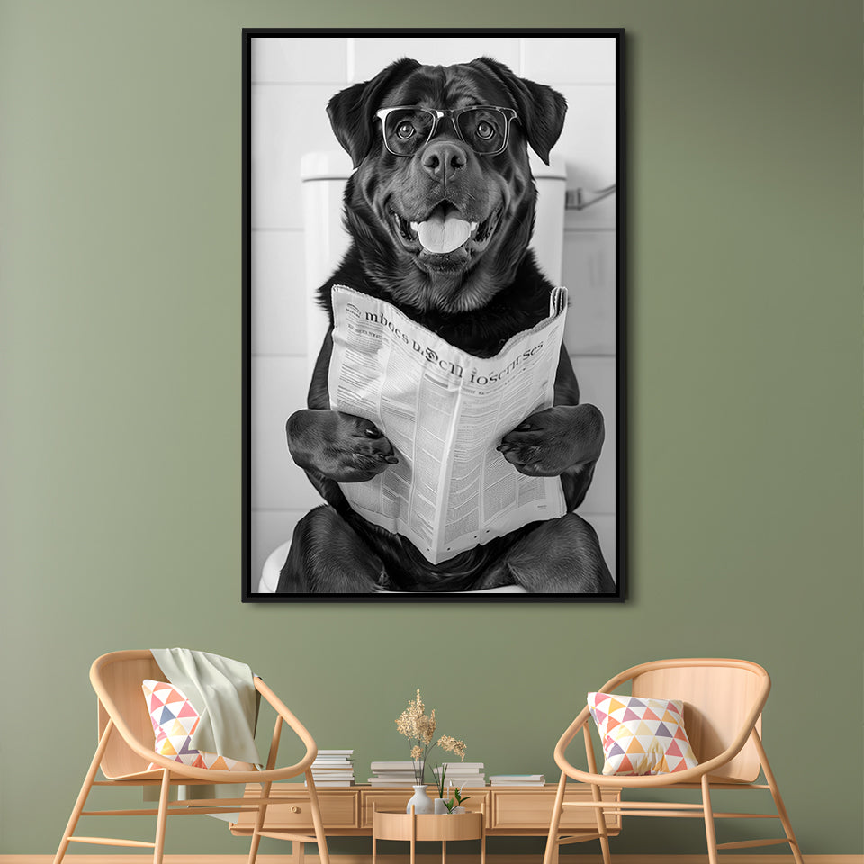 Rottweiler Sitting On Toilet Framed Canvas Print Wall Art, Dog Reading Newspaper, Black and White, Bathroom Wall Decor