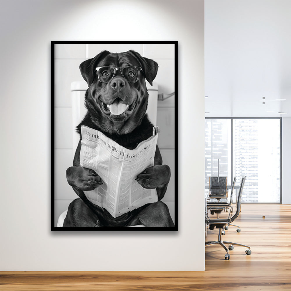 Rottweiler Sitting On Toilet Framed Art Print Wall Decor, Dog Reading Newspaper, Black and White, Bathroom Wall Decor