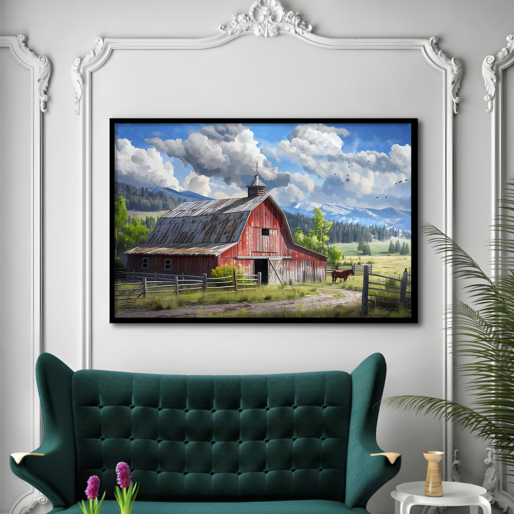 Rustic Farmhouse Art Prints,Reproduction Of Old Barn Painting,Large Farmhouse Wall Art, Framed Art Print, Picture Framed