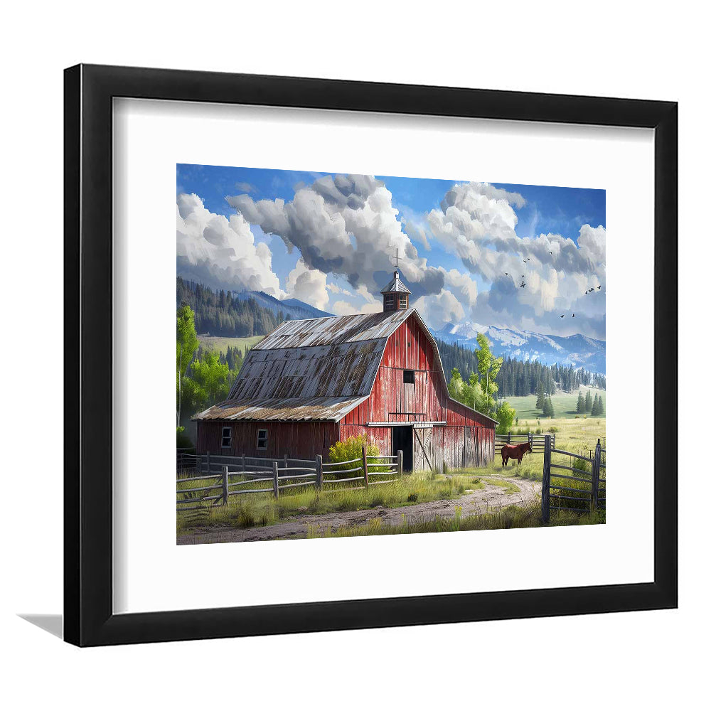 Rustic Farmhouse Art Print,Reproduction Of Old Barn Painting,Large Farmhouse Wall Art, Framed Art Print White Border