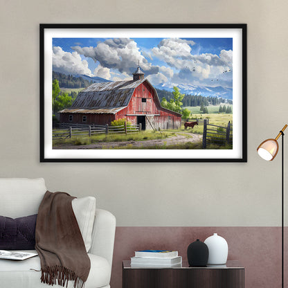 Rustic Farmhouse Art Print,Reproduction Of Old Barn Painting,Large Farmhouse Wall Art, Framed Art Print White Border