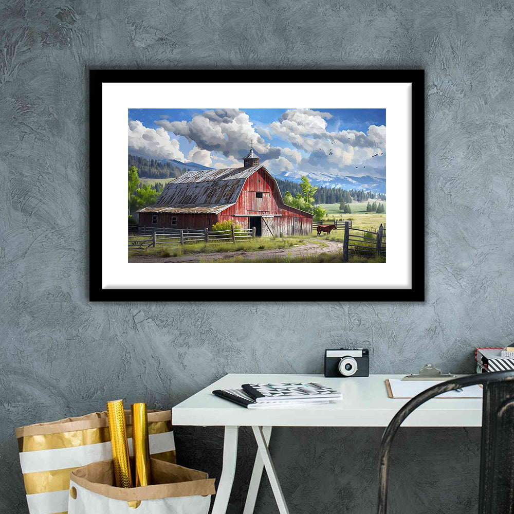 Rustic Farmhouse Art Print,Reproduction Of Old Barn Painting,Large Farmhouse Wall Art, Framed Art Print White Border